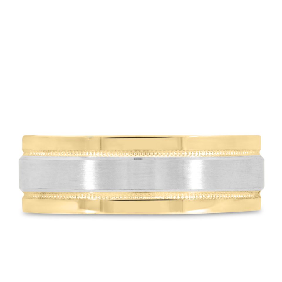 7MM Satin Finish Comfort Fit Wedding Band in White and Yellow Gold
