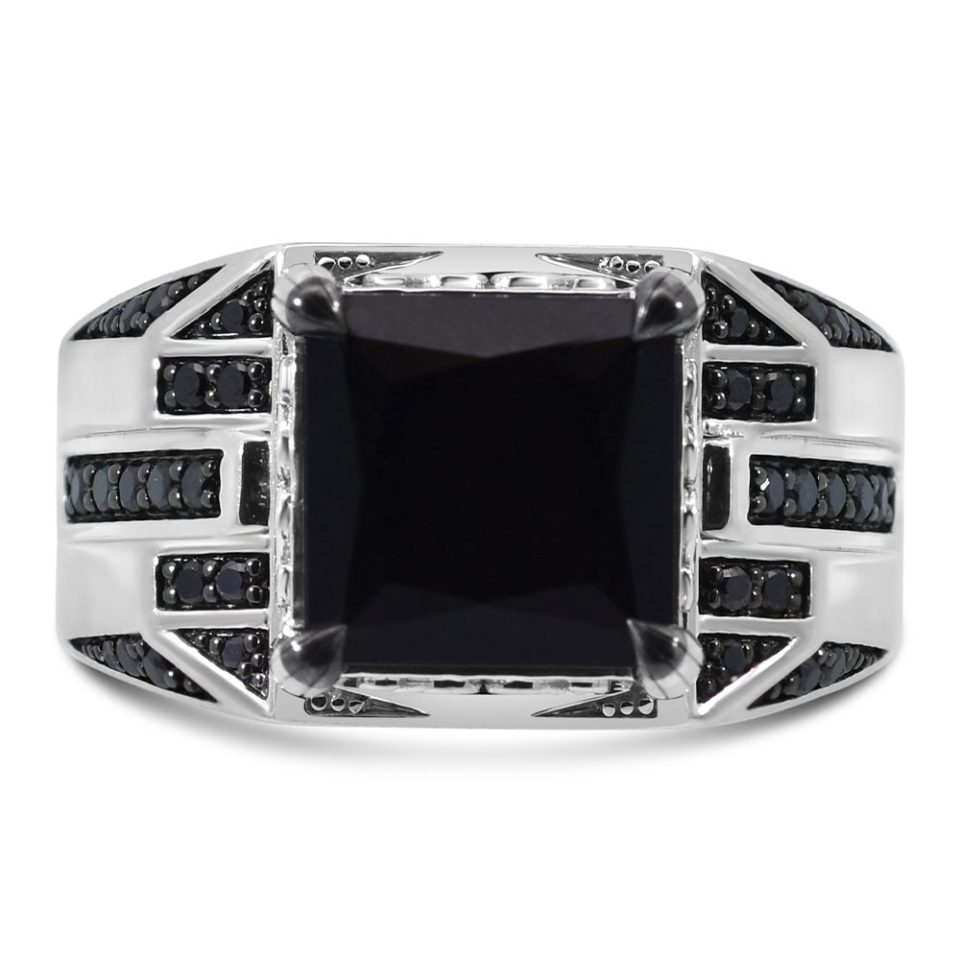 10MM Black Onyx Stone with Black Diamond Mens Ring with .33 Carat TW of Diamonds in Sterling Silver