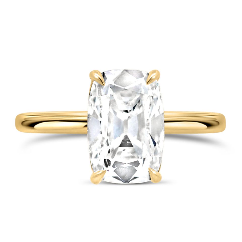 Old Mine Elongated Cushion Cut Engagement Ring with 3.00 Carat Lab Created Diamond in 14kt Yellow Gold