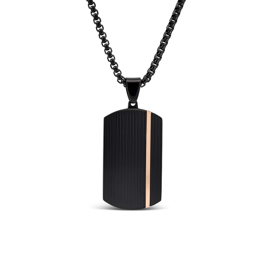 Dog Tag Pendant in Black and Rose Tone Stainless Steel with 22" Chain