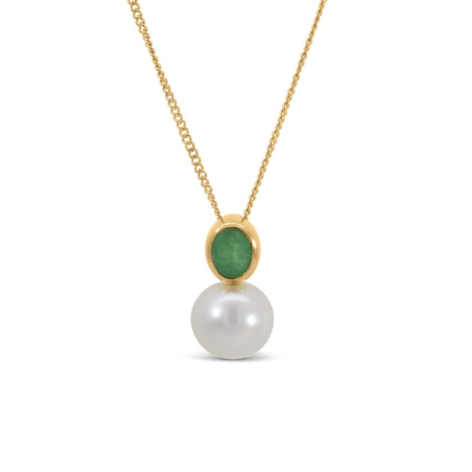 Pendant with 6.5mm Freshwater Pearl and Emerald in 10kt Yellow Gold with Chain