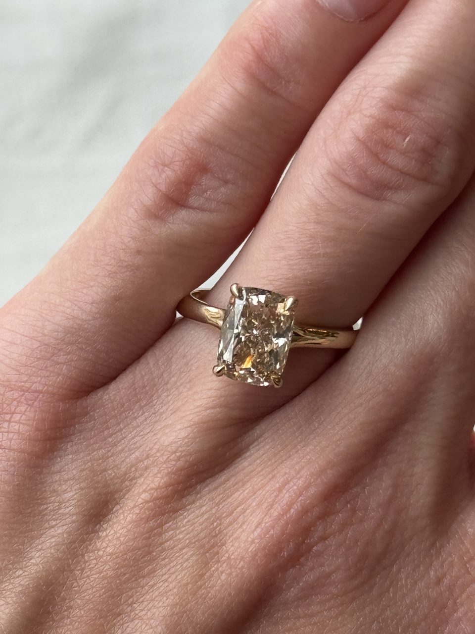 Elongated Cushion Cut Engagement Ring with 2.50 Carat Champagne Lab Created Diamond in 14kt Yellow Gold