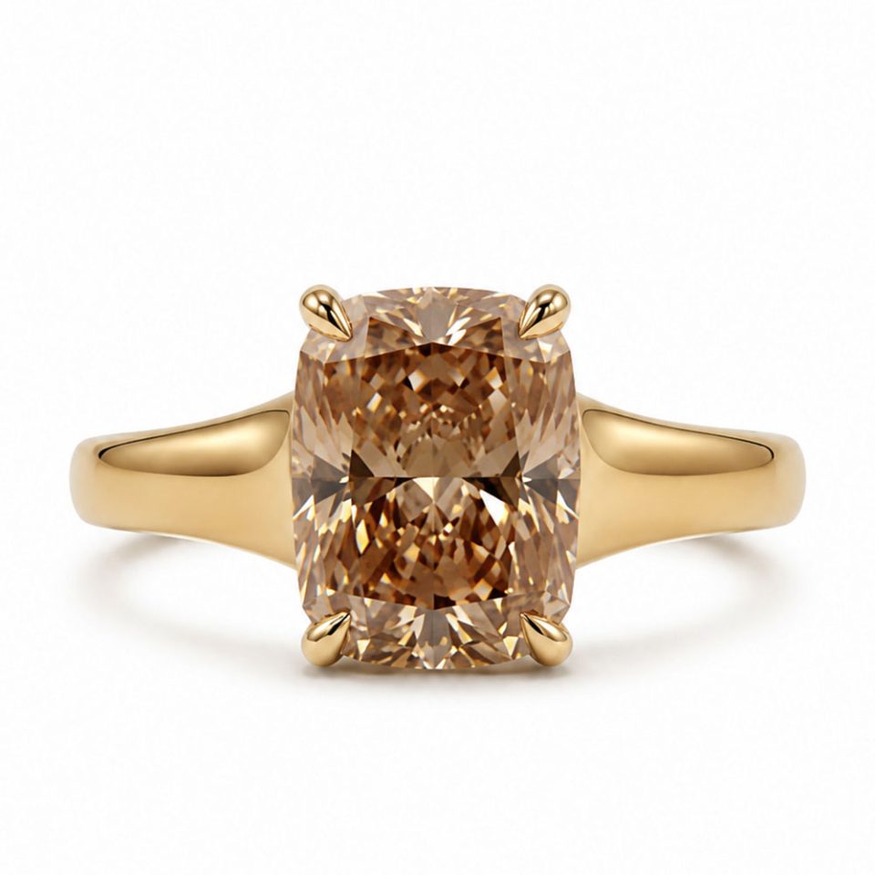 Elongated Cushion Cut Engagement Ring with 2.50 Carat Champagne Lab Created Diamond in 14kt Yellow Gold