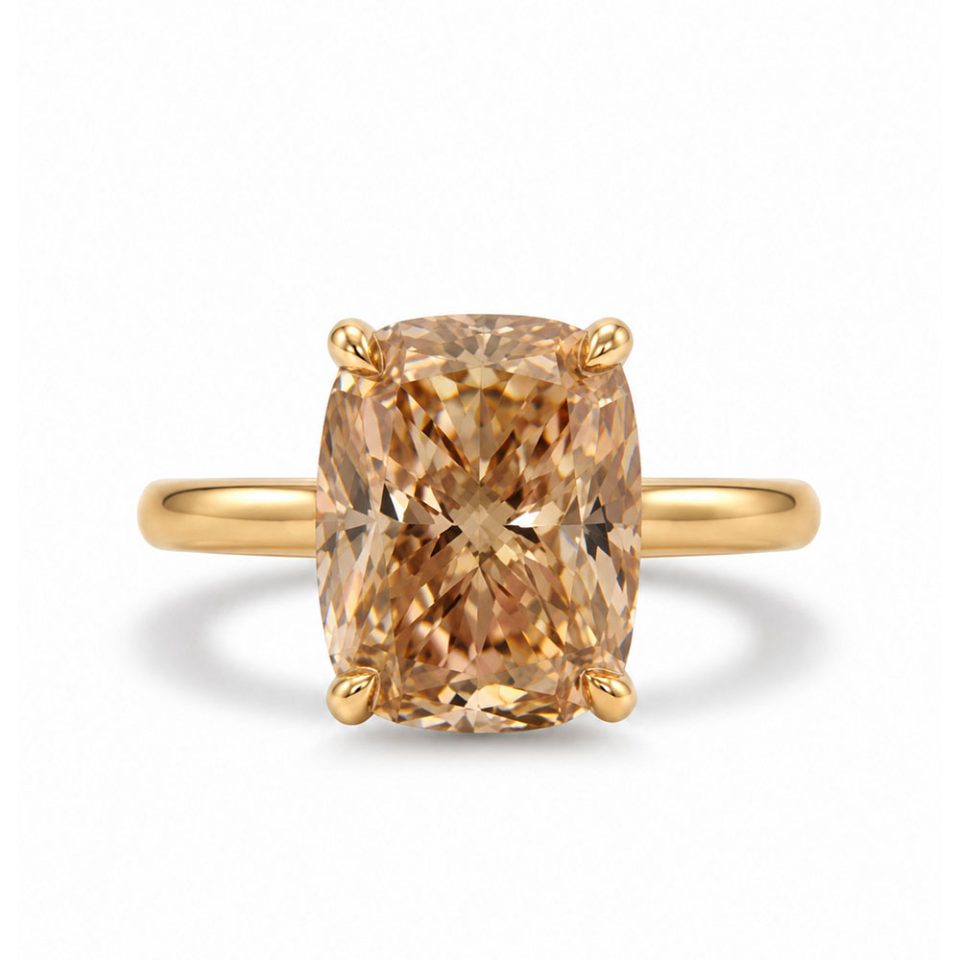 Elongated Cushion Cut Engagement Ring with 2.50 Carat Champagne Lab Created Diamond in 14kt Yellow Gold