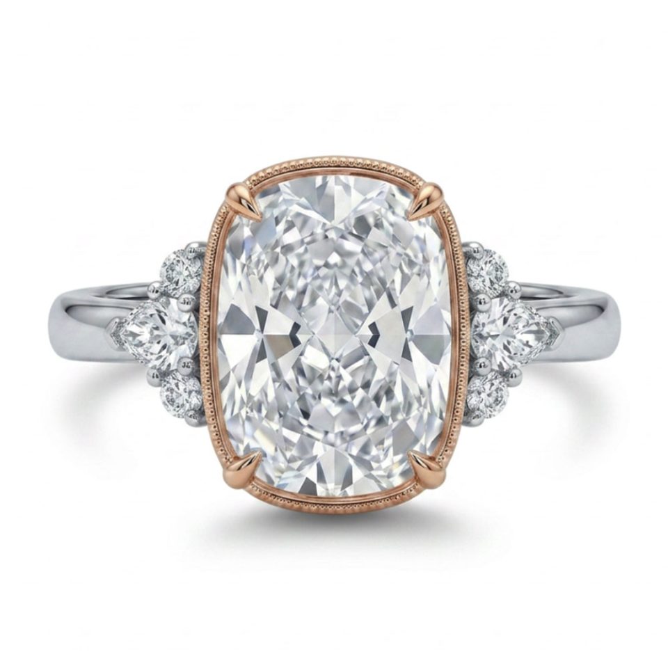 Cushion Cut Engagement Ring with 3.25 Carat TW of Lab Created Diamonds in 14kt White and Rose Gold