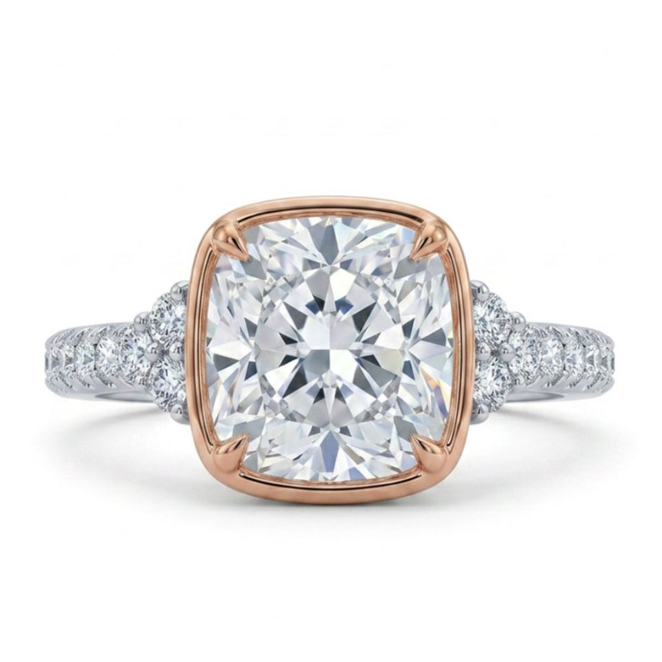 Cushion Cut Engagement Ring with 2.50 Carat TW of Lab Created Diamonds in 14kt White and Rose Gold